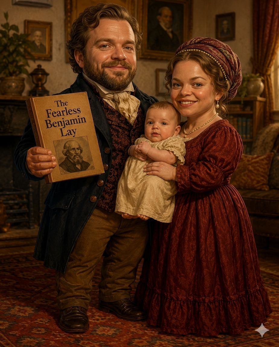 Diorama: Benjamin Lay, a dwarf man, stands with his wife and their baby in a candlelit parlor, holding a copy of the book The Fearless Benjamin Lay.