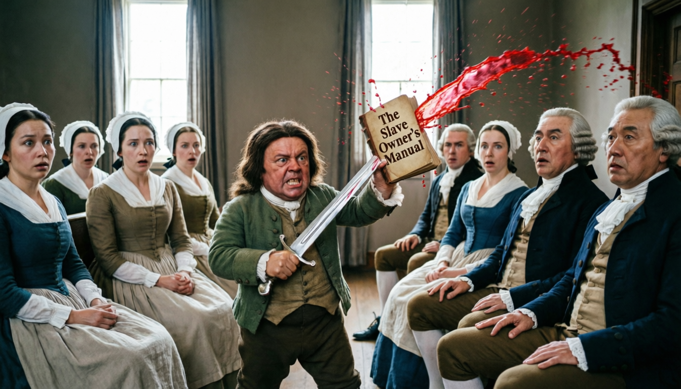Diorama scene: Benjamin Lay brandishes a book and splashes red fluid over a row of seated Quaker slave owners.