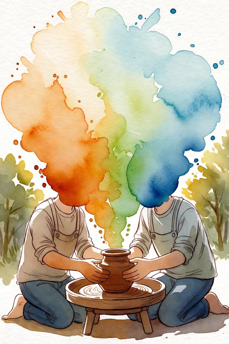 Watercolor diorama: two people kneel at a pottery wheel shaping a single pot, their minds merging into one rainbow plume of color.