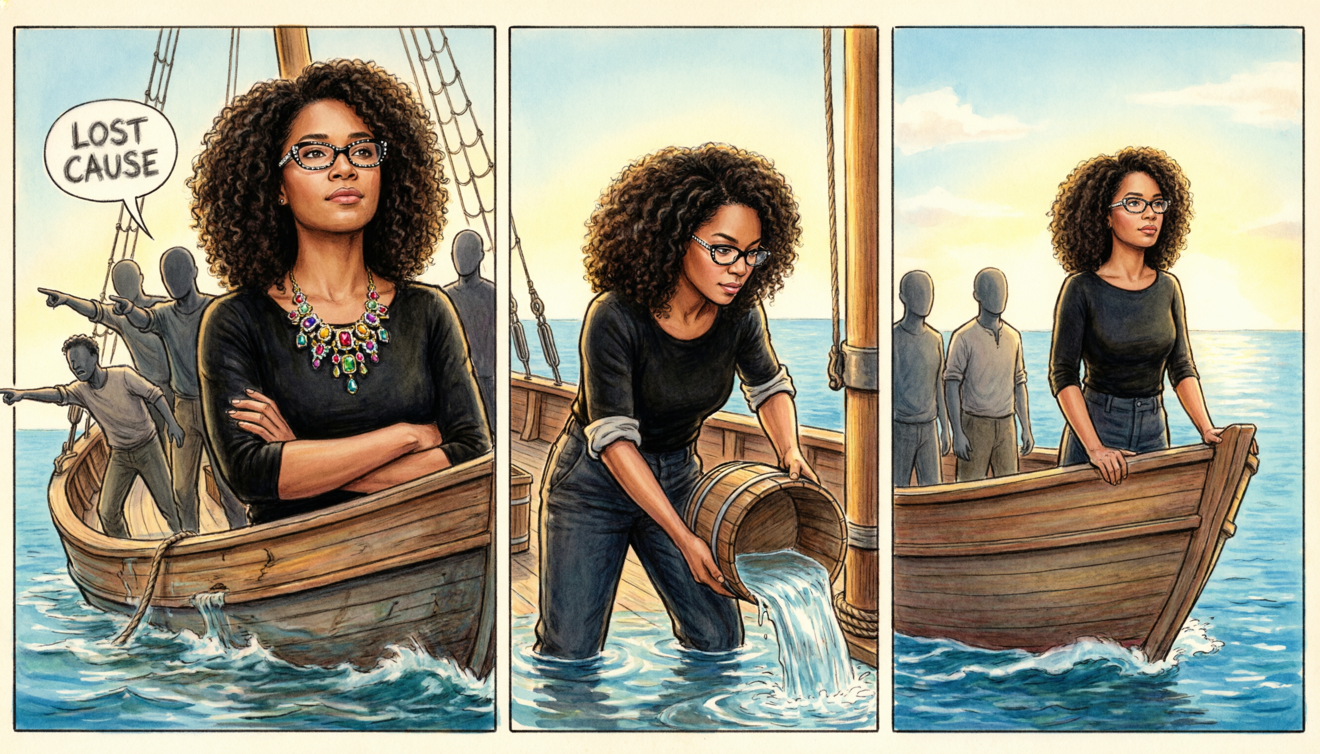 Three-panel comic titled Lost Cause: Reyma McCoy McDeid stands confidently in a small boat, bails water overboard, and sails past faceless gray figures toward the horizon.